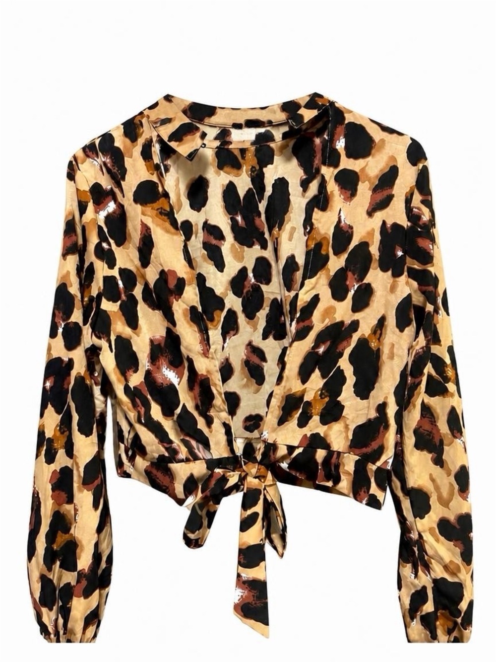 SHEIN Leopard-Print Tie-Front Blouse - Beige/Black/Brown